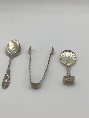 Vintage Sterling Silver Sugar Tongs and Silverplated Serving Spoons